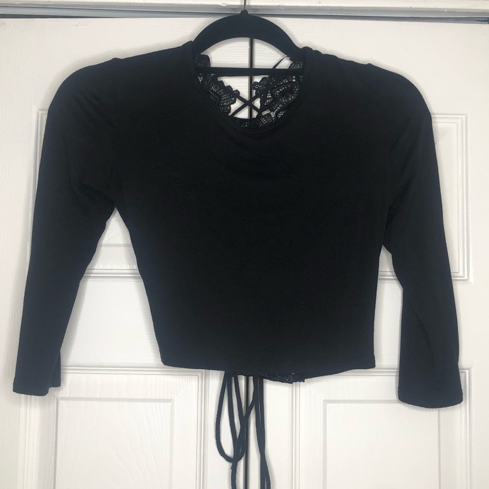 Black MidSleeve Crop Top with Lace Back Detail